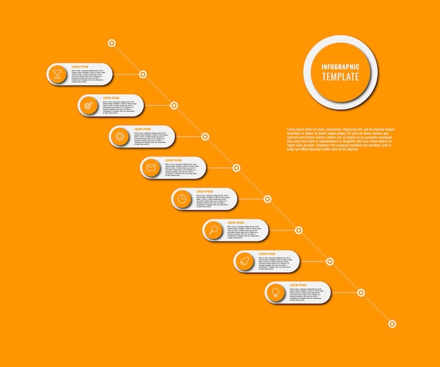 Modello di cronologia infografica arancione con otto elementi rotondi e icone di marketing sui pulsanti arancioni