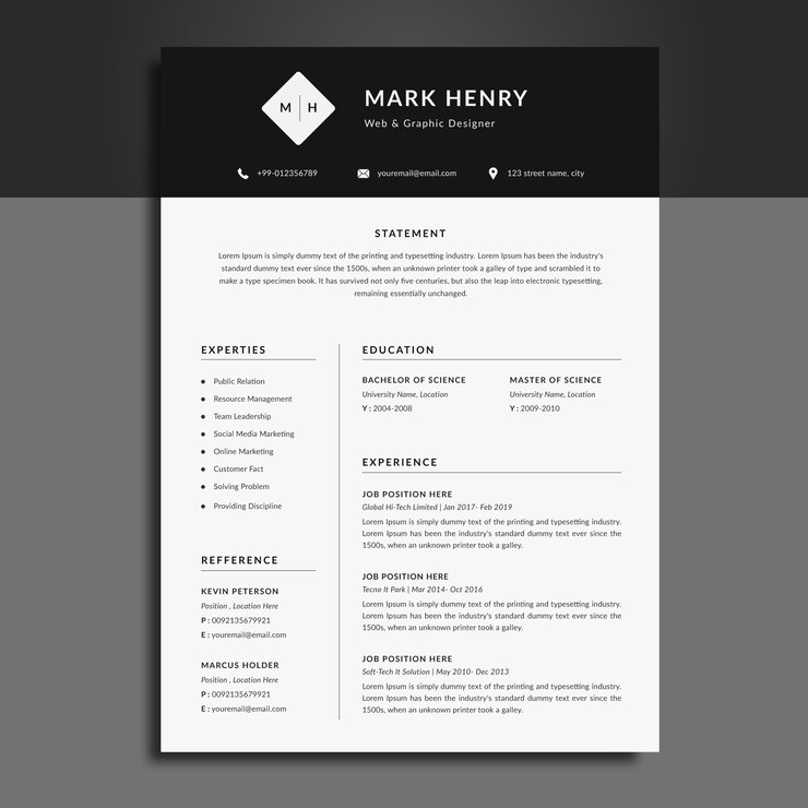 Modello di curriculum CV in bianco e nero