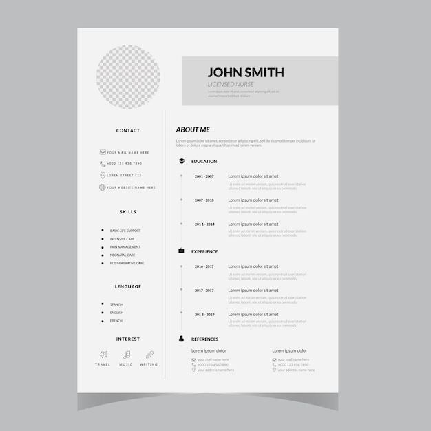 Modello di curriculum in design piatto Modello di CV in bianco e nero