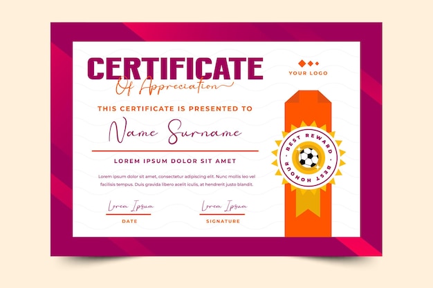 Modello di design del certificato di eventi sportivi per tornei di calcio facile da personalizzare