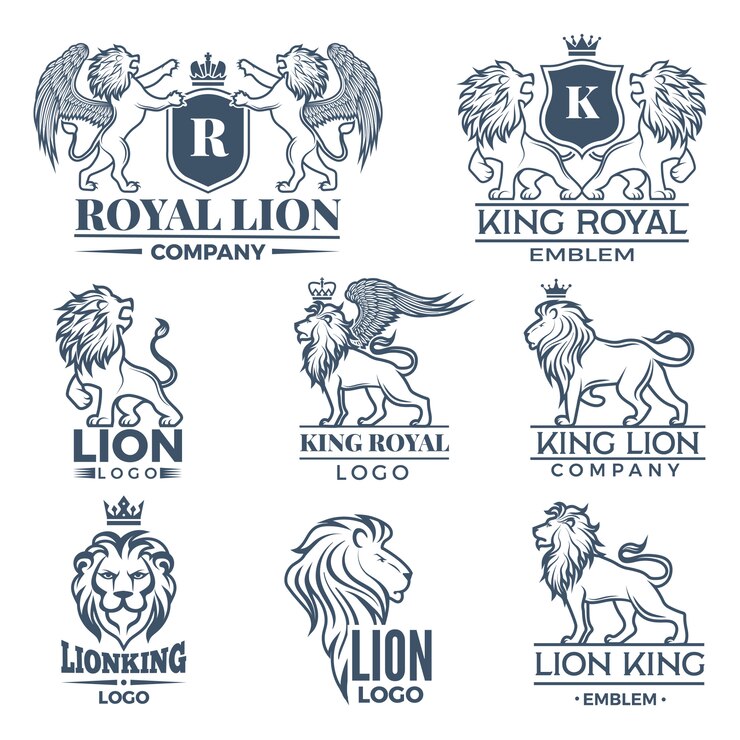 Vettore modello di design di loghi o badge con illustrazioni di leoni