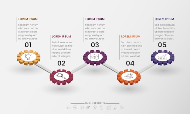 Modello di diagramma infografico aziendale di presentazione con cinque opzioni e ruota dentata 3D su sfondo bianco