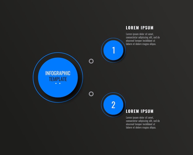 Modello di diagramma infografico aziendale verticale con due passaggi rotondi blu su sfondo nero