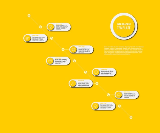 Modello di diagramma infografico rosso con sette elementi rotondi e icone di marketing sui pulsanti rossi