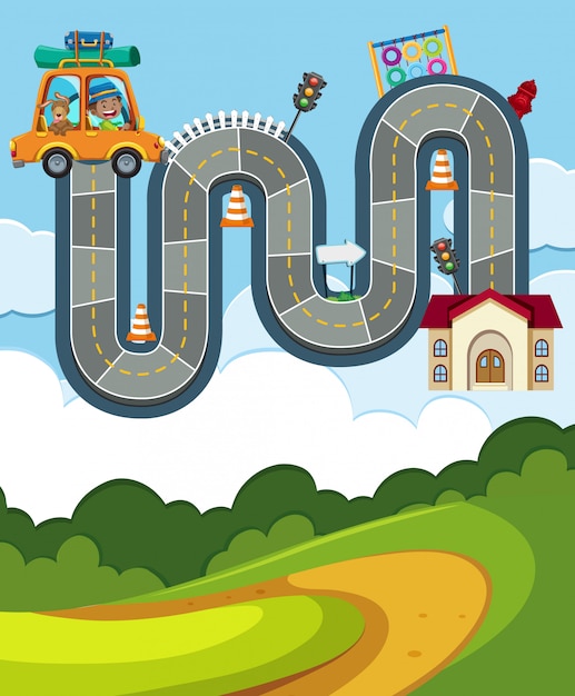 Modello di disegno di gioco da tavolo con viaggio in famiglia sulla strada