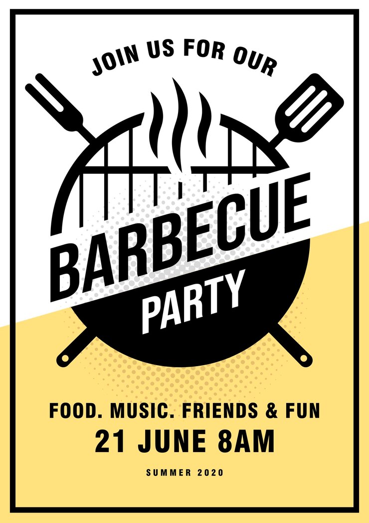 Vettore modello di disegno di invito a una festa barbecue vettoriale adorabile. design di poster alla moda per grigliate barbecue con classica griglia a carbone, forchetta, pala da cucina e testo di esempio. illustrazione vettoriale.