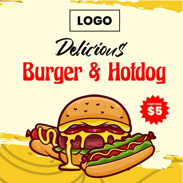 modello di disegno di menu fast food con vettore di hamburger e hotdog