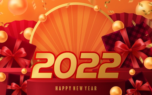 Modello di disegno di Natale di felice anno nuovo 2022. logo Design per biglietti di auguri o per branding, banner, copertina, carta Felice anno nuovo 2022 con carta tagliata arte e stile artigianale su sfondo di colore carta.