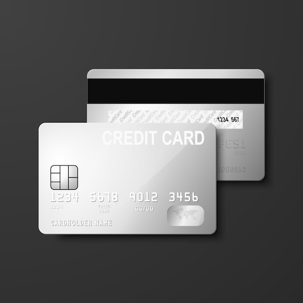 Modello di disegno isolato di carta di credito in bianco grigio argento realistico vettoriale 3d di carta di credito o debito in plastica per il concetto di pagamento con carta di credito di branding Mockup Lato anteriore e posteriore