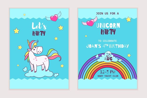 Modello di disegno per invito a una festa magica unicorno Cartone animato carino pony unicorno sulla nuvola tra le stelle Ideale per i progetti di festa Illustrazione vettoriale