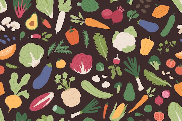 Modello di drogheria senza soluzione di continuità con verdure fresche sane e cibo verde su sfondo nero. Design di infinite texture ripetibili con diverse verdure per la stampa. Illustrazione vettoriale piatta colorata.