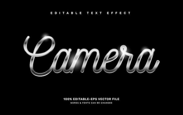 Vettore modello di effetto di testo modificabile per fotocamera d'argento di lusso