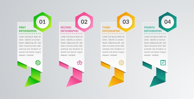 Modello di elemento infografico astratto con 4 opzioni Stile poligonale Papercut con forma esagonale sulla numerazione