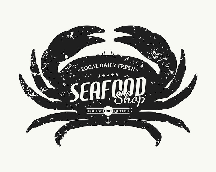 Vettore modello di etichetta del negozio di frutti di mare con silhouette di granchio in stile retrò