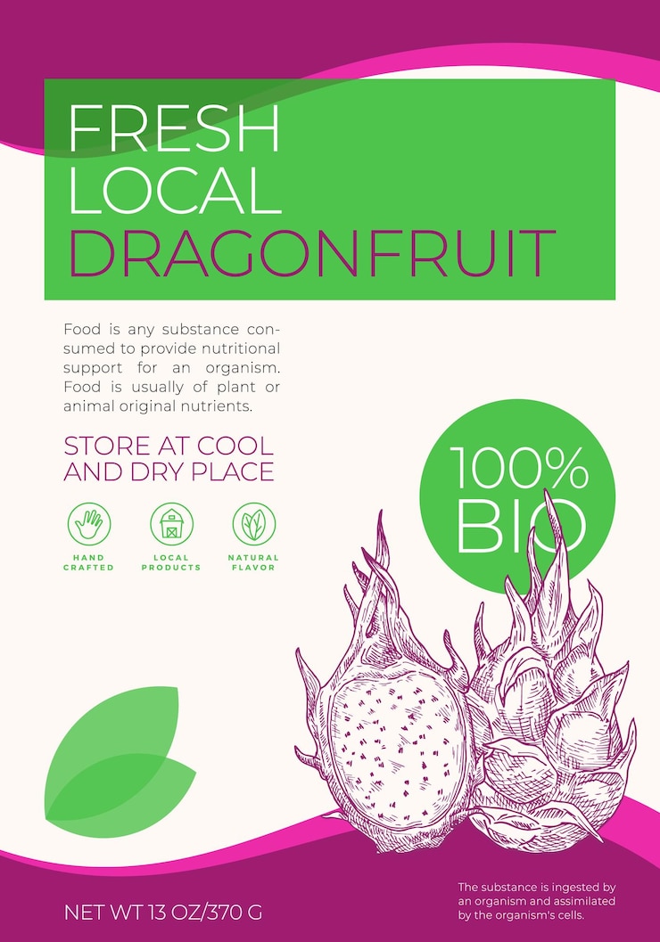 Vettore modello di etichetta di frutta fresca locale layout di progettazione di imballaggi vettoriali astratti banner di tipografia moderna con dragonfruit disegnato a mano con uno sfondo di silhouette a mezzo schizzo