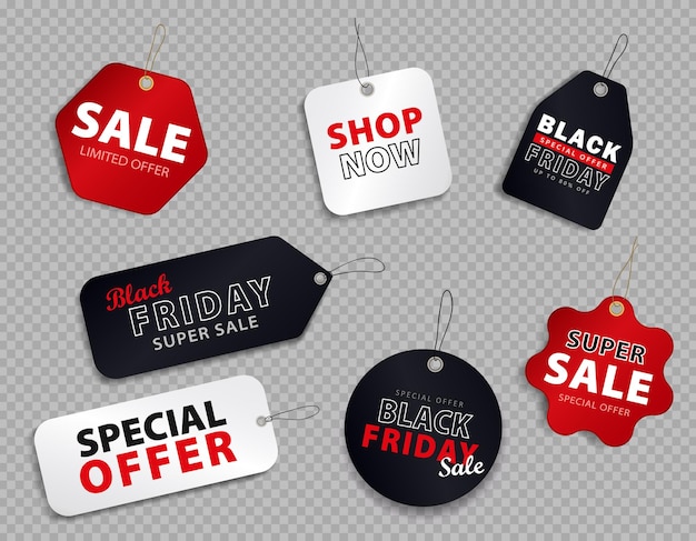 Modello di etichette commerciali rosse, bianche e nere per il Black Friday Mock up di etichette di carta a sconto