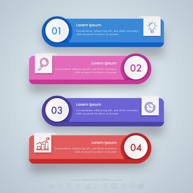 Modello di etichette o schede infografiche aziendali colorate con icone di linee sottili e 4 opzioni