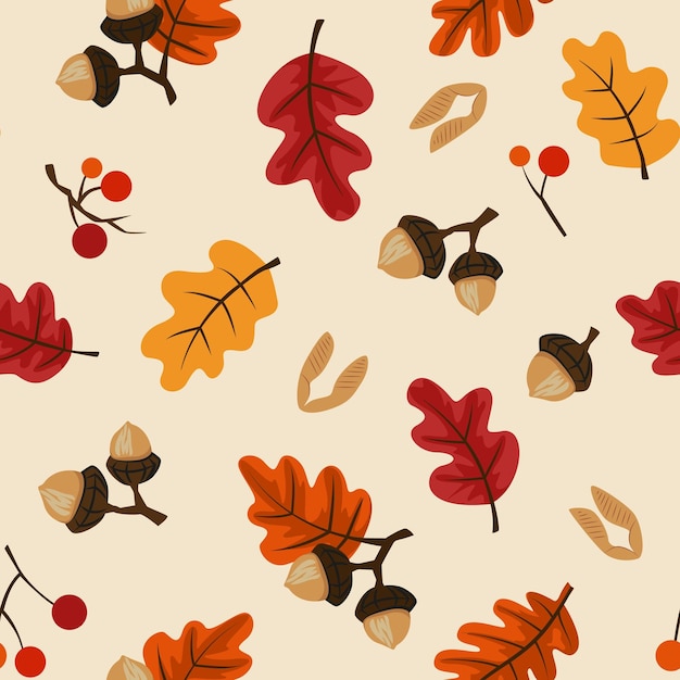 Modello di foglie autunnali Acorn e bacche Fogliame autunnale Stagione foresta quercia ottobre e settembre piante novembre natura Marble semi elementi botanici Vector sfondo senza cuciture