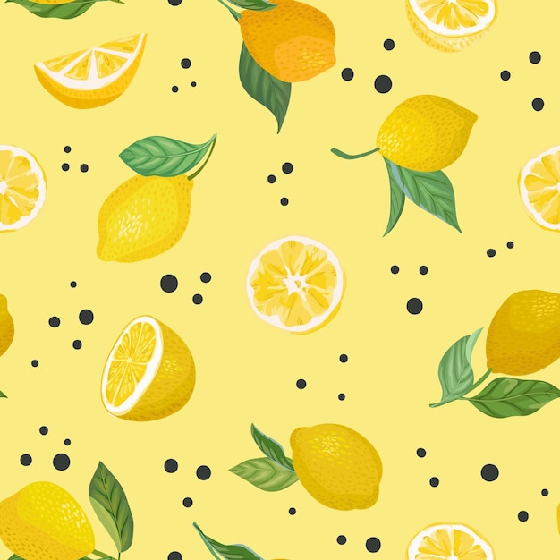 Modello di frutta senza soluzione di continuità con limoni, foglie, sfondo di fiori. Illustrazione vettoriale disegnata a mano in stile acquerello