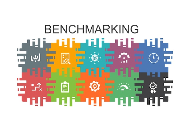 modello di fumetto di benchmarking con elementi piatti. Contiene icone come processo, gestione, indicatore
