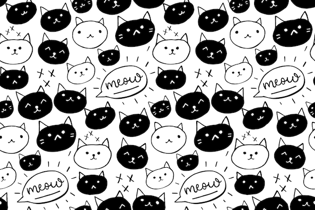 Modello di gatto Sfondo senza soluzione di continuità con gatti disegnati a mano in bianco e nero e parola miagola Cute Pets