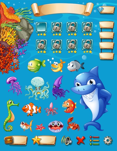 Modello di gioco con illustrazione di sfondo animali di mare