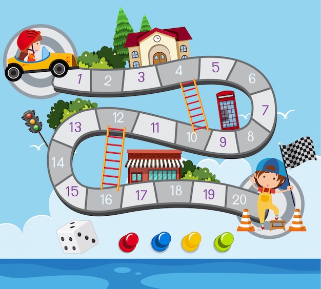 Modello di gioco da tavolo con bambino in auto da corsa
