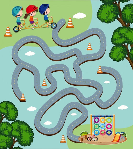 Modello di gioco del labirinto con bambini in sella alla bici