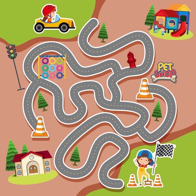 Modello di gioco del labirinto con bambino in auto da corsa