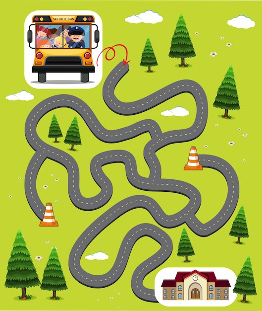 Modello di gioco del labirinto con i bambini in scuolabus