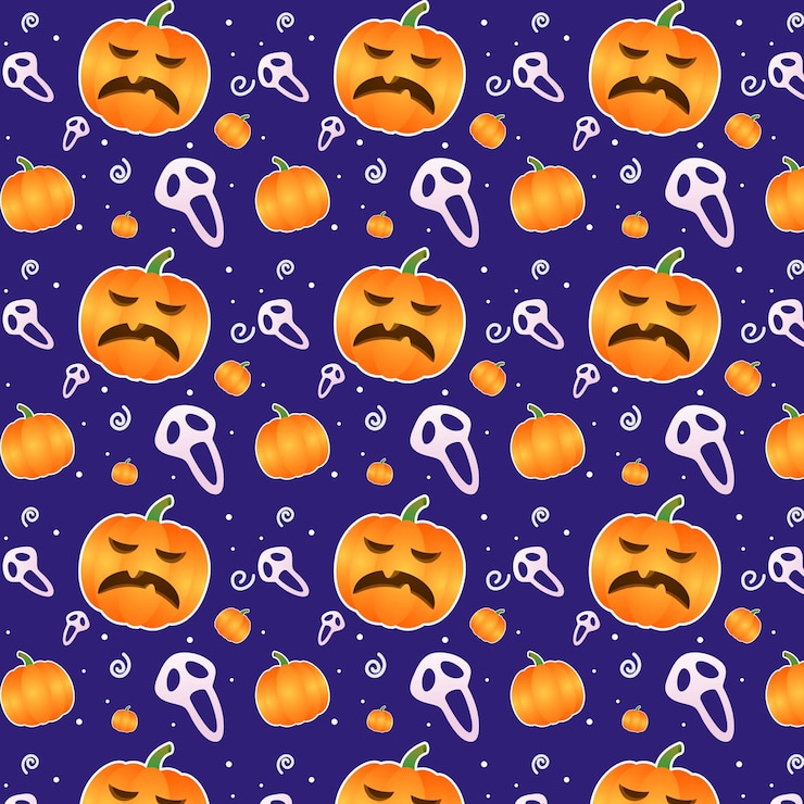 Vettore modello di halloween con zucche teschio spettrale stile cartone animato premium vettoriale