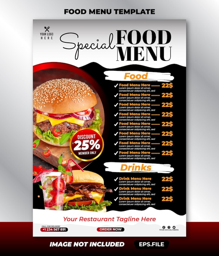 Vettore modello di hamburger del menu di cibo di lusso del ristorante moderno