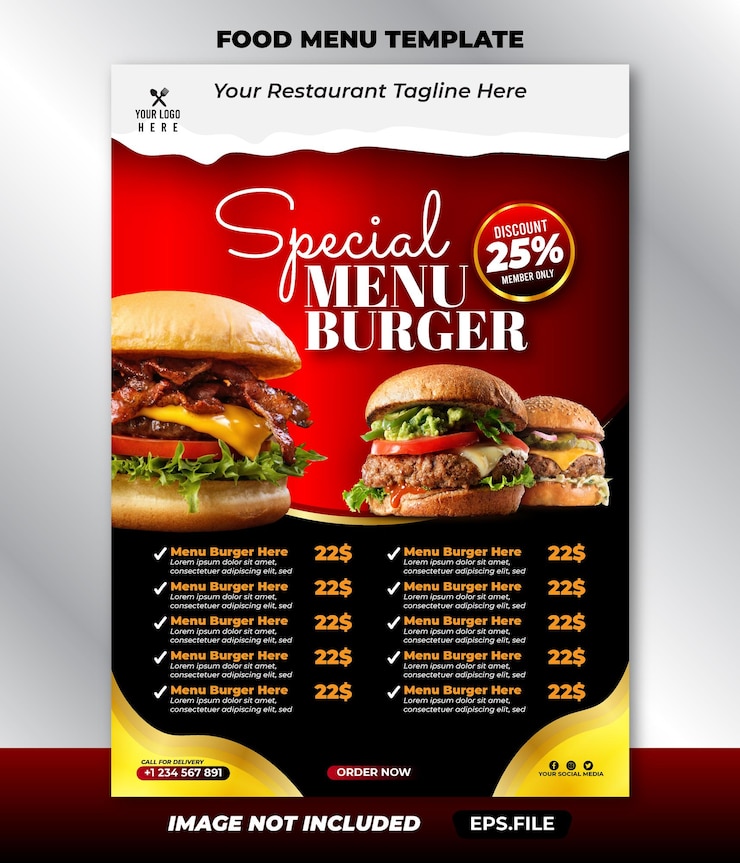 Vettore modello di hamburger del menu di cibo di lusso del ristorante moderno