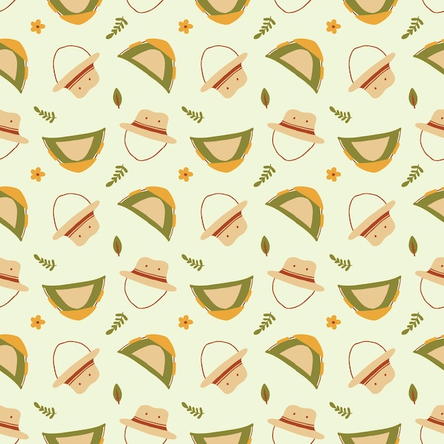 Modello di illustrazione dell'attrezzatura da campeggio o cappello e tenda