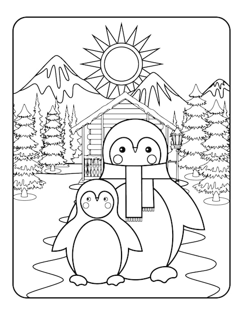 Modello di illustrazione vettoriale invernale in bianco e nero per bambini, sfondo, motivo, libro da colorare