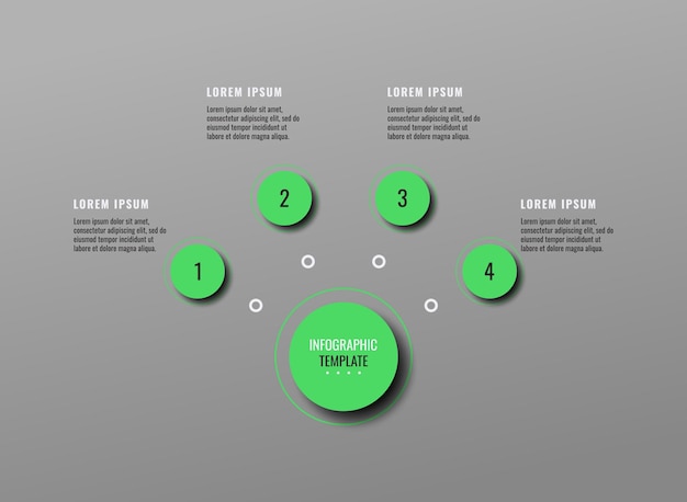 Modello di infografica aziendale grigio orizzontale con quattro elementi verdi rotondi e caselle di testo