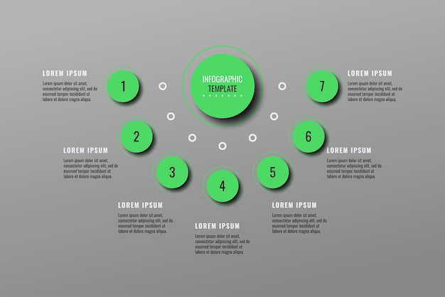 Modello di infografica aziendale grigio orizzontale con sette elementi verdi rotondi e caselle di testo