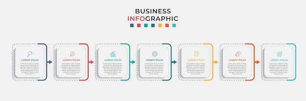 Modello di infografica aziendale minimo. Timeline con 7 sette passaggi, opzioni e icone di marketing