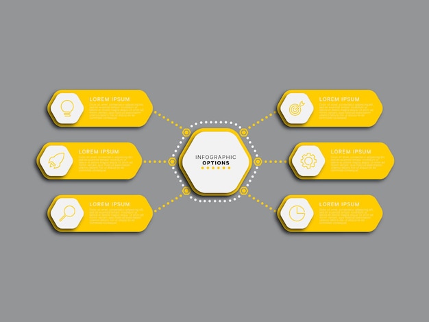 Modello di infografica business moderno in sei passaggi con elementi esagonali gialli su sfondo grigio