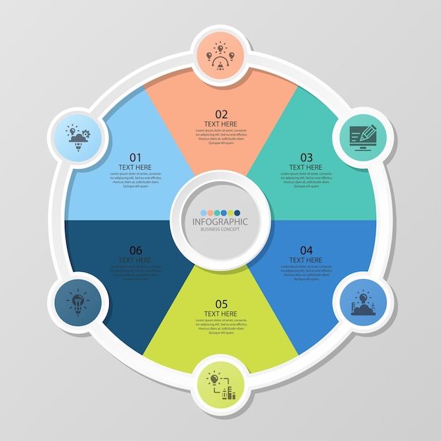 Modello di infografica cerchio di base con 6 passaggi, processo o opzioni, diagramma di processo, utilizzato per diagramma di processo, presentazioni, layout del flusso di lavoro, diagramma di flusso, infografico. Illustrazione di vettore eps10.