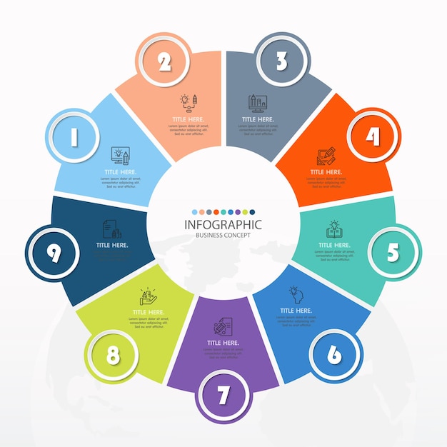 Modello di infografica cerchio di base con 9 passaggi, processo o opzioni, diagramma di processo, utilizzato per diagramma di processo, presentazioni, layout del flusso di lavoro, diagramma di flusso, infografico. Illustrazione di vettore eps10.