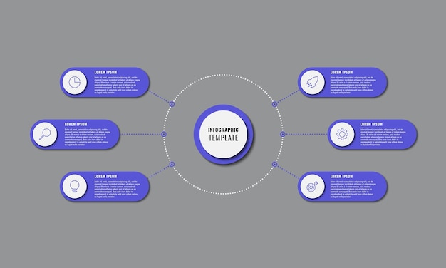 Modello di infografica classico con sei elementi rotondi viola su sfondo grigio