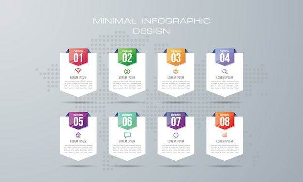 Modello di infografica con 8 opzioni, flusso di lavoro, diagramma di processo,