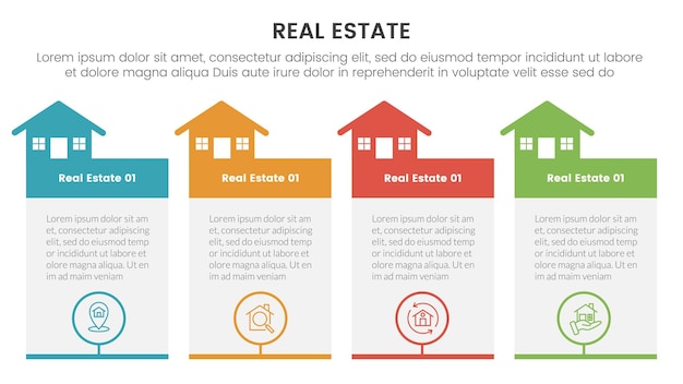 modello di infografica immobiliare banner con grande contenitore di tabella con intestazione home con informazioni di lista di 4 punti per la presentazione di diapositive