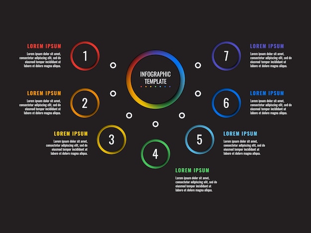 Modello di infografica in 7 passaggi con elementi rotondi tagliati su carta su sfondo nero