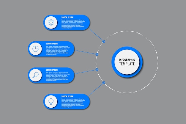 Modello di infografica verticale classico con quattro elementi rotondi blu su sfondo grigio