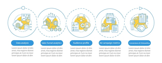 Modello di infografica vettoriale per corsi SMM Analisi web Marketing Elementi di design di presentazione aziendale Visualizzazione dei dati con passaggi e opzioni Grafico della sequenza temporale del processo Layout del flusso di lavoro con icone