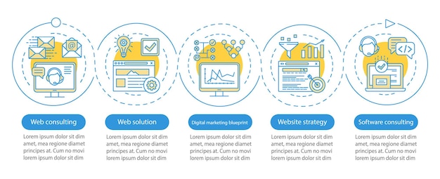 Modello di infografica vettoriale per servizi di consulenza Web. Elementi di design di presentazione aziendale. Visualizzazione dei dati con 5 passaggi e opzioni. Grafico della sequenza temporale del processo. Layout del flusso di lavoro con icone lineari