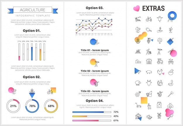 Modello di infographic di agricoltura, elementi, icone.