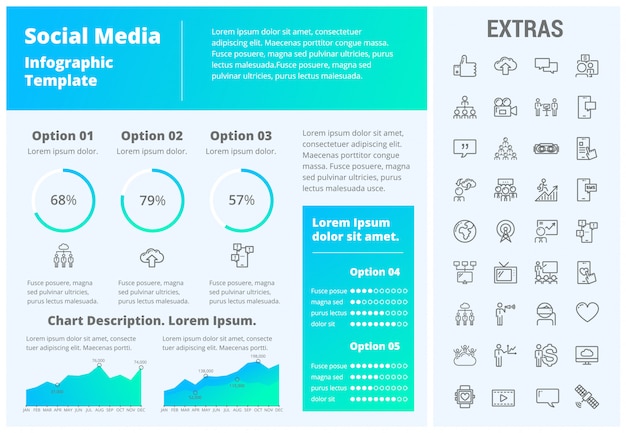 Modello di infographic di media sociali, elementi, icone